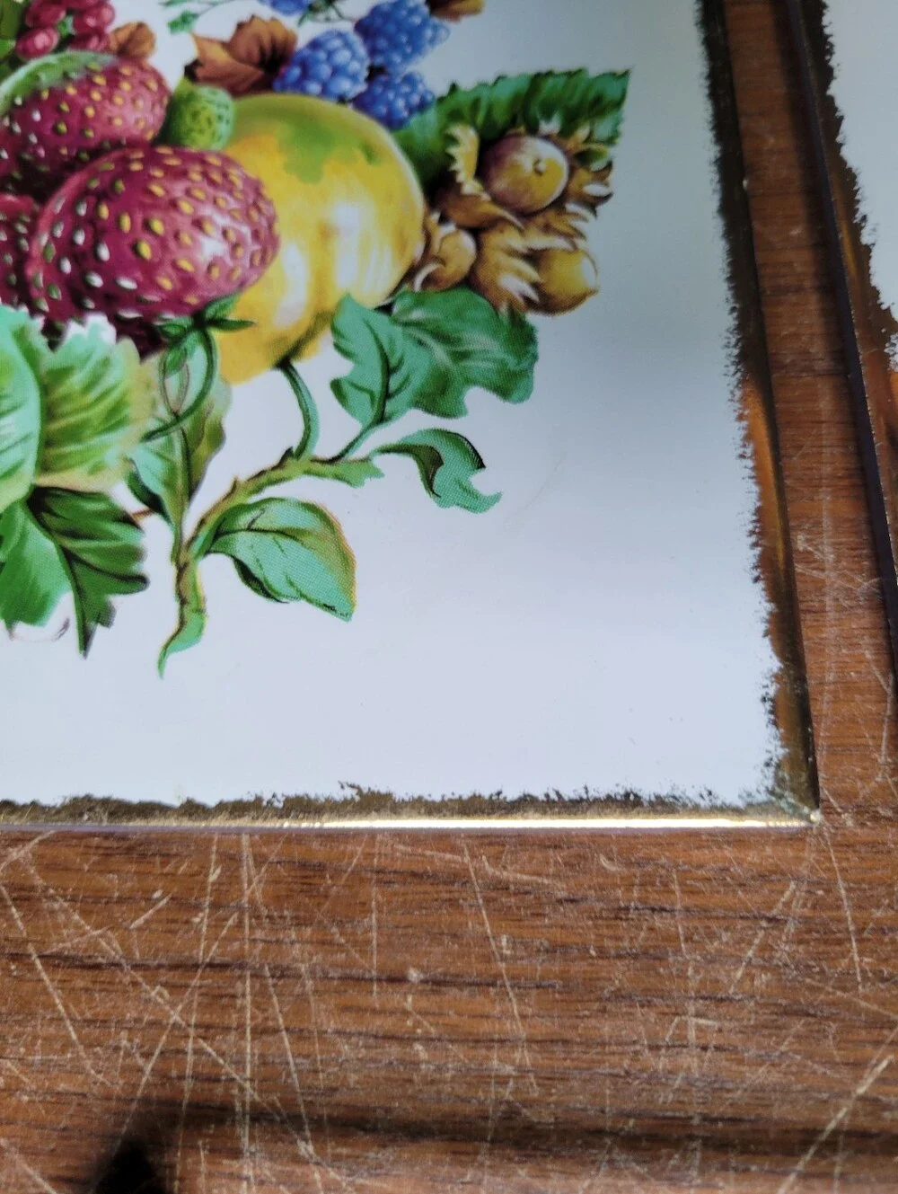 1970 Vintage Fruit Ceramic Tile Framed Artwork Trivets Set of 2 With Holder